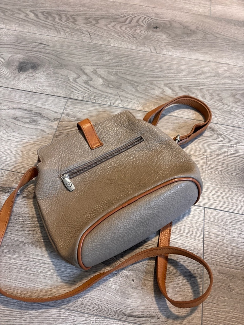 Valentina Genuine Leather Taupe & Tan Adjustable Crossbody Bag Made In Italy